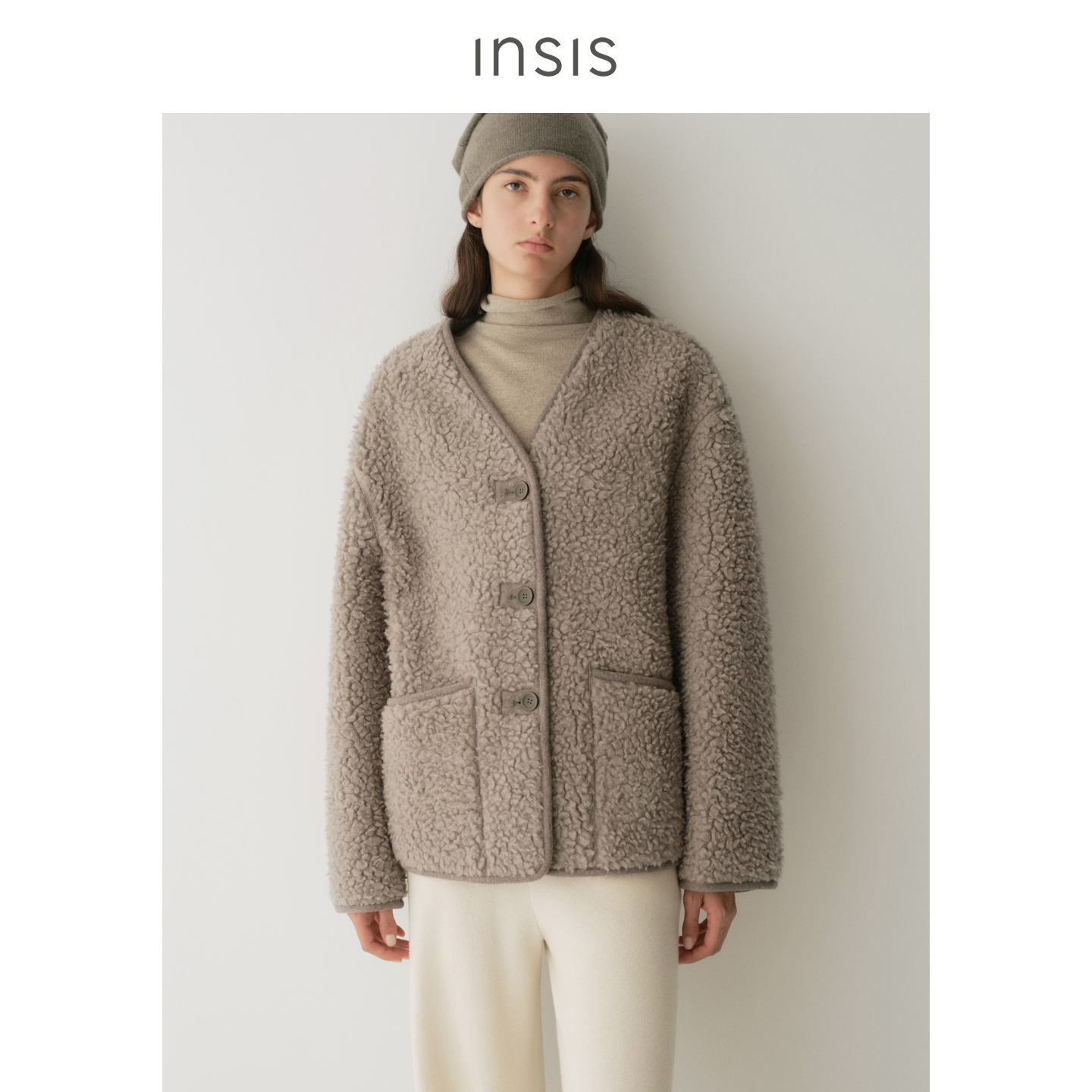 INSIS FEMME羊羔毛V领针织包边短外套FN25413901