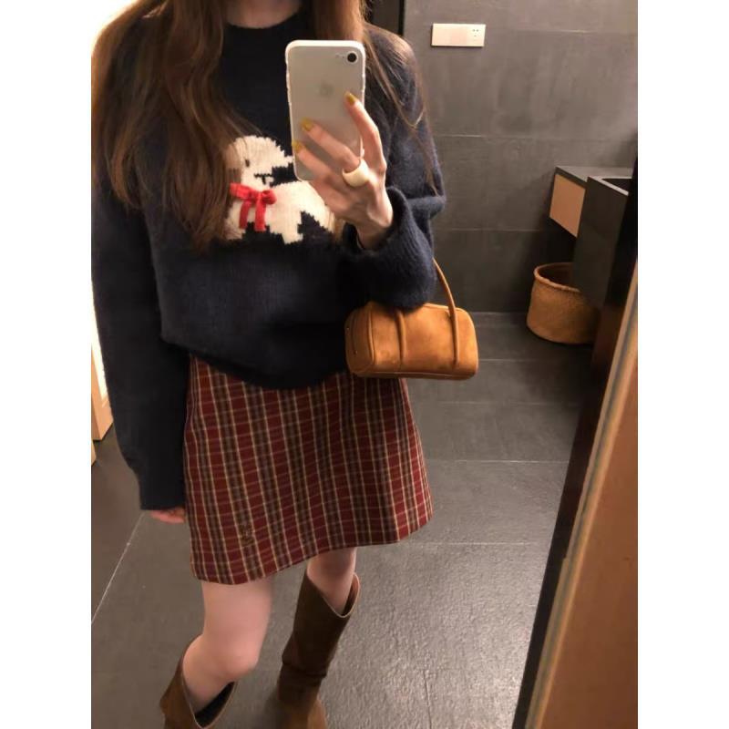 韩系套装女装蝴蝶结涂鸦保暖针织圆领百搭毛衣半身裙两件套26371