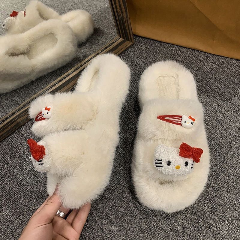 可爱小猫拖鞋洋气卡通网红毛毛拖鞋外出时尚新款保暖棉拖鞋