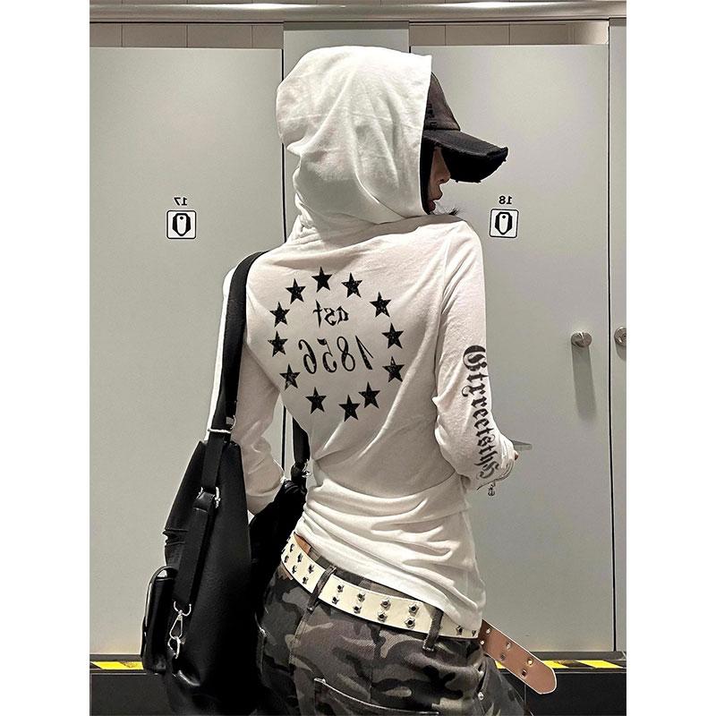 美式潮流连帽防晒罩衫女2025夏季白色微透长袖t恤修身辣妹上衣服