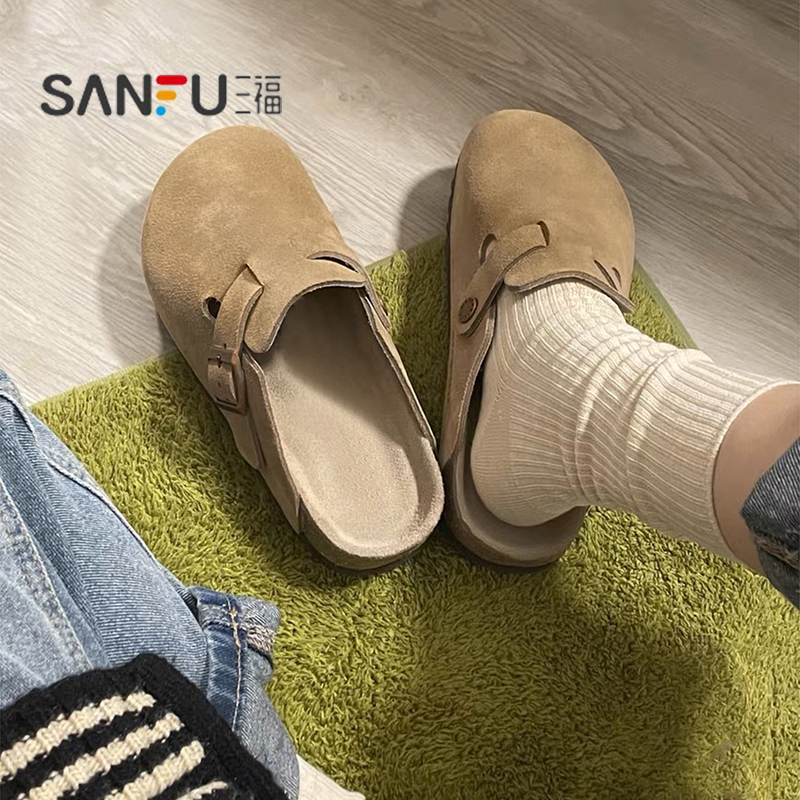 三福软皮厚底勃肯鞋女2025夏季新款包头半拖鞋外穿拖鞋软木博肯鞋