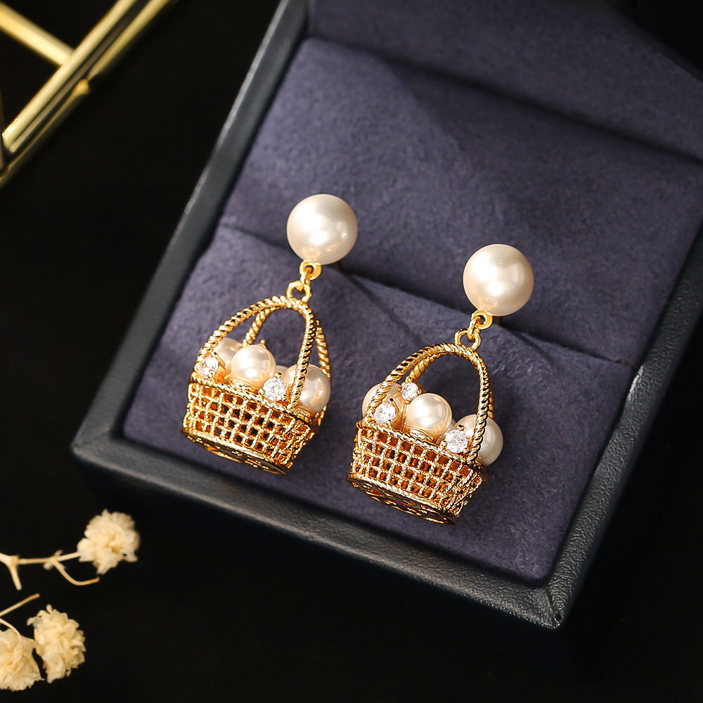 纯铜耳饰 花篮珍珠|法式编织感耳钉轻奢高级感精致百搭耳饰小众时