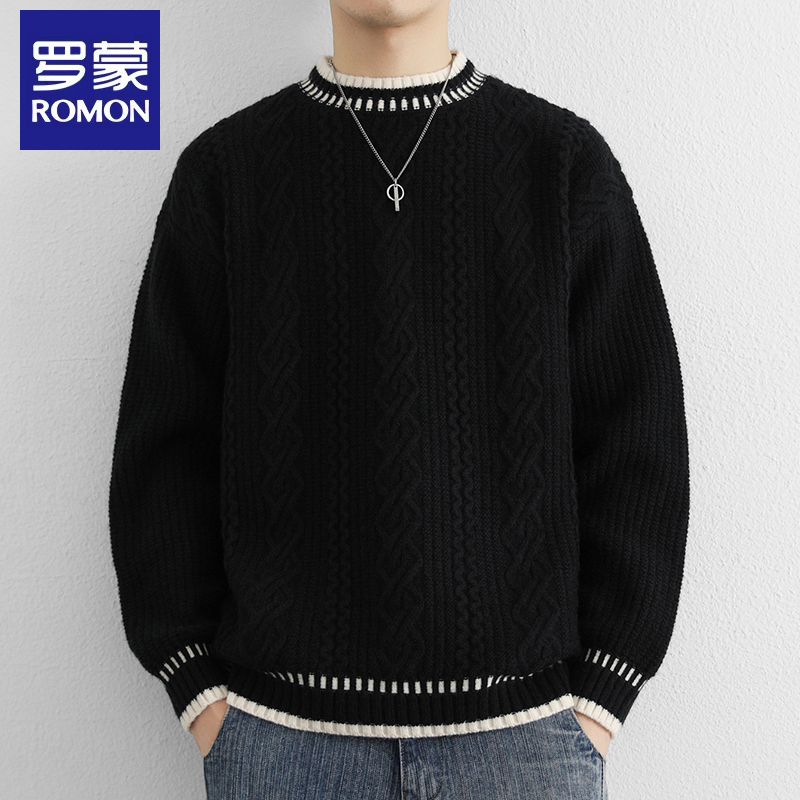 罗蒙冬季时尚毛衣圆领潮流宽松加厚保暖休闲针织衫百搭套头打底衫