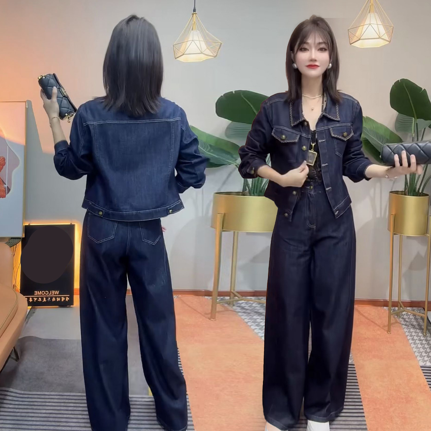 韩版休闲牛仔套装女春秋新款气质通勤修身显瘦短外套+直筒阔腿裤