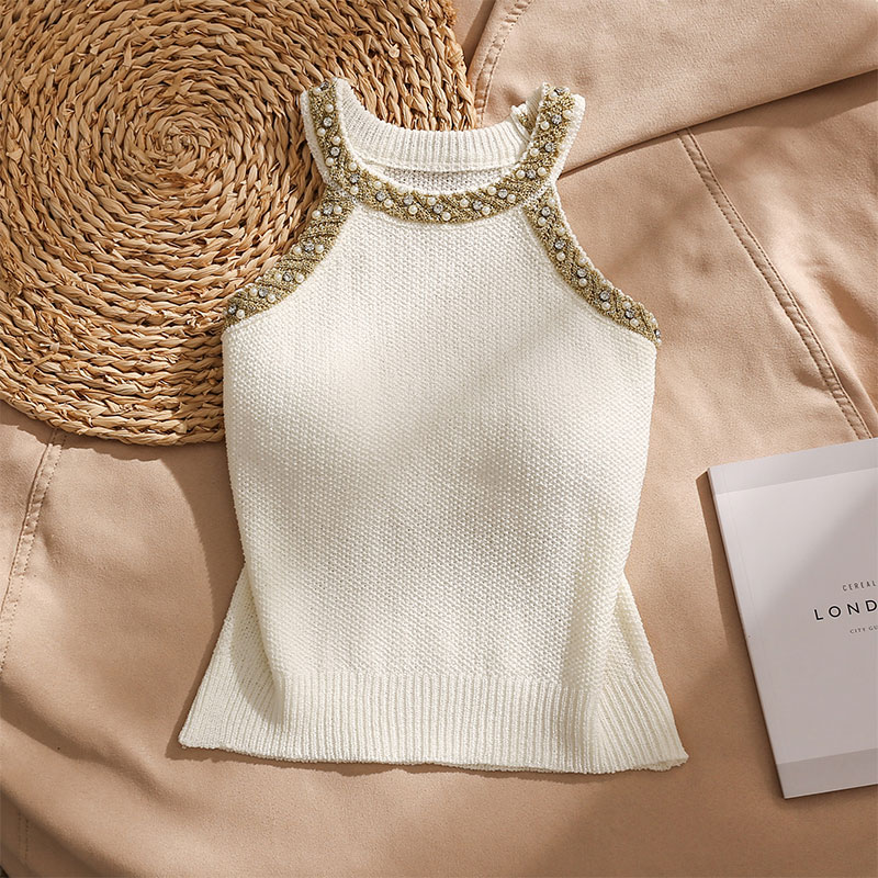 法式小香风钉珠针织挂脖吊带背心女夏季小众高级感气质无袖上衣