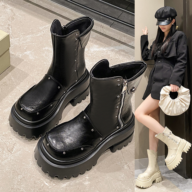 靴子女马丁靴2025新款加绒英伦风小个子增高中筒靴厚底西部骑士靴