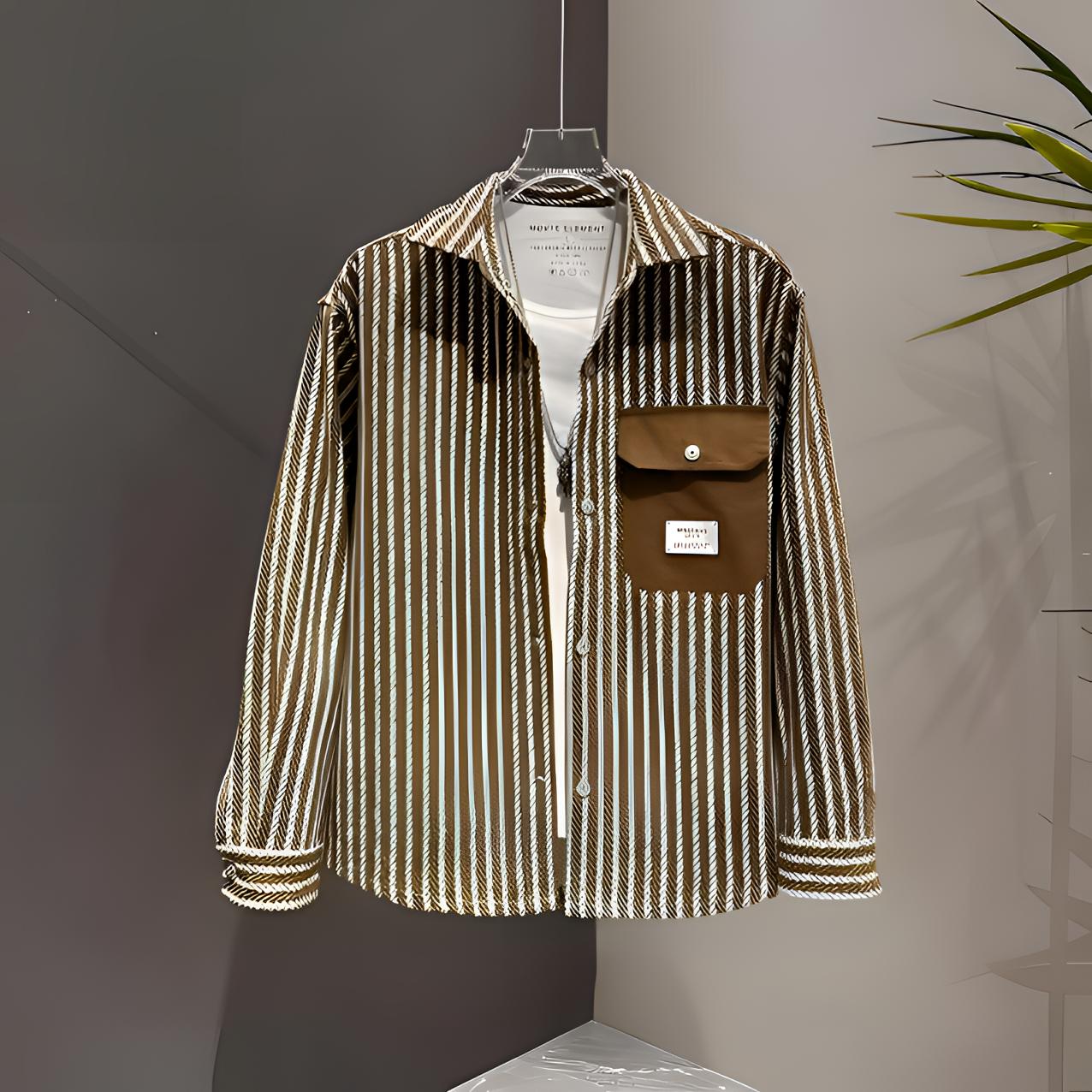 秋冬男士经典百搭时尚条纹衬衫潮流翻领韩版设计师款男款外套上衣