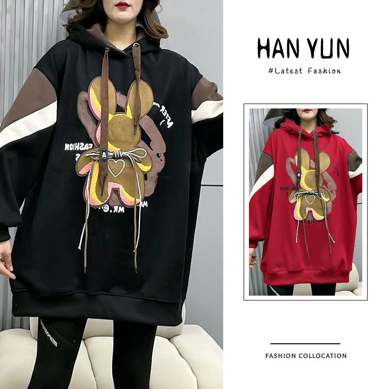 加厚含棉卡通中长款卫衣女2025年冬季时尚设计感减龄百搭连帽上衣