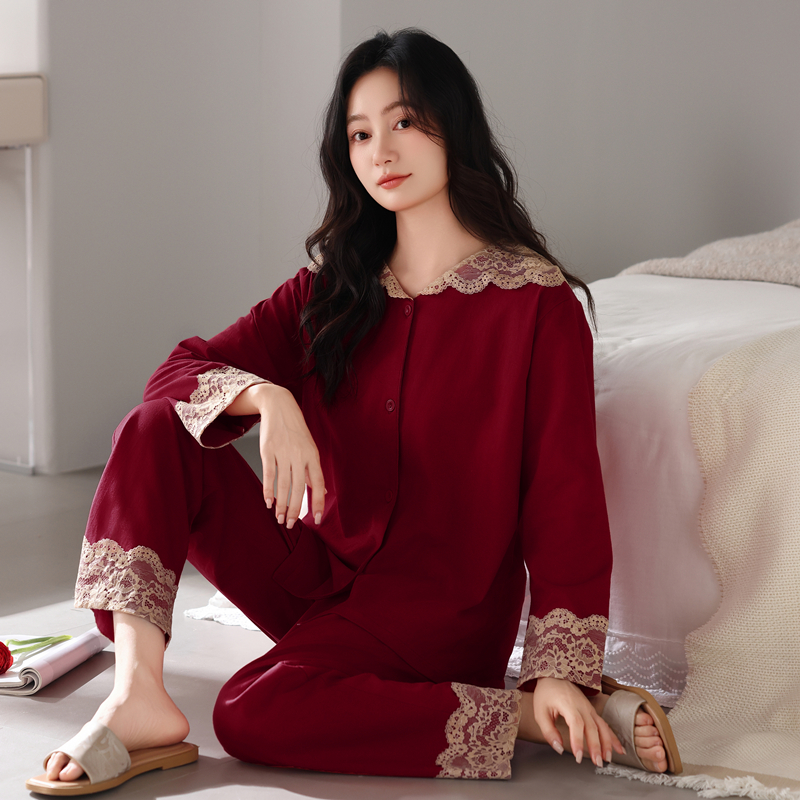睡衣女款爆款2025新款长袖长裤纯棉套装春秋红色酒红本命年家居服