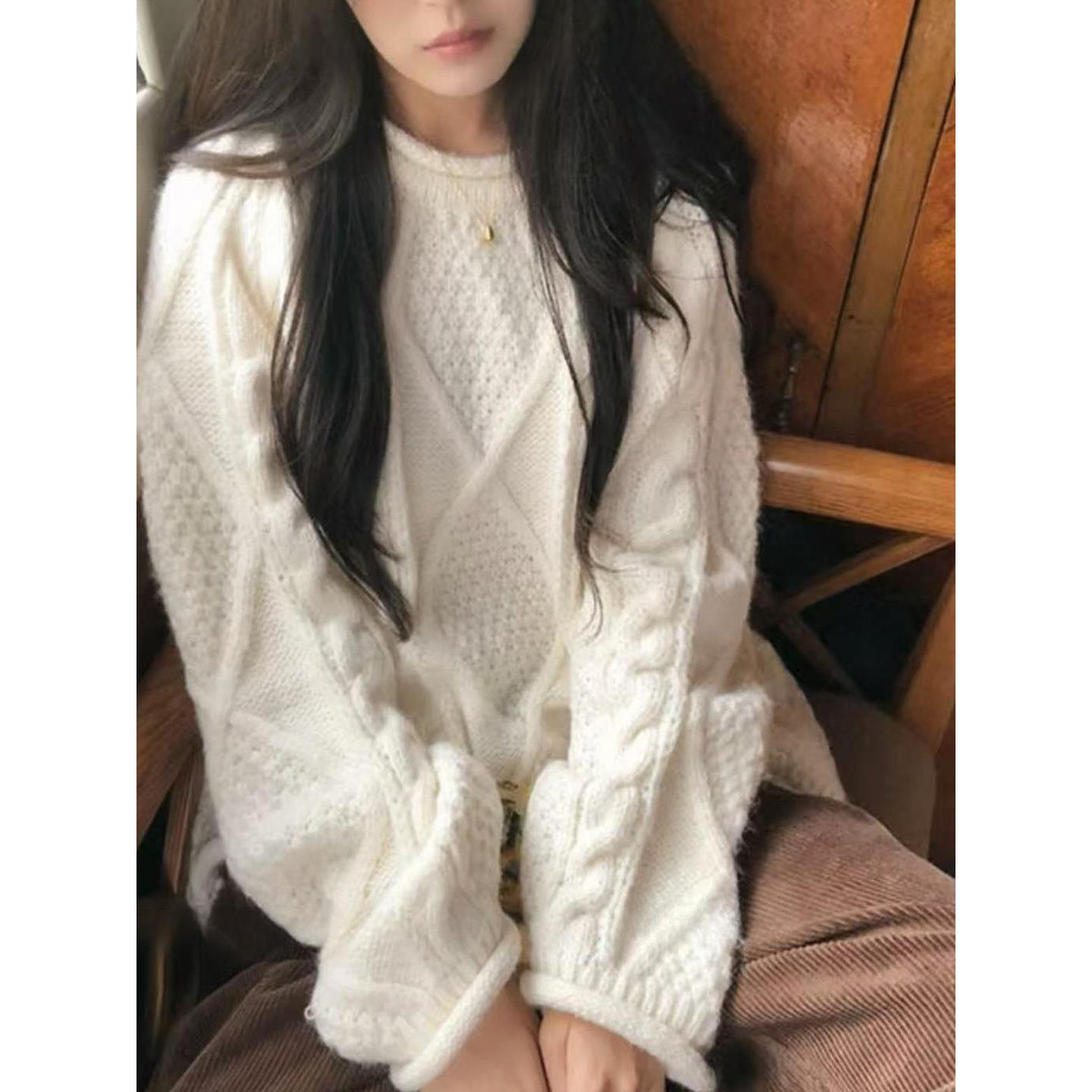 韩系复古慵懒风百搭卷边麻花长袖针织衫上衣秋冬圆领宽松显瘦毛衣