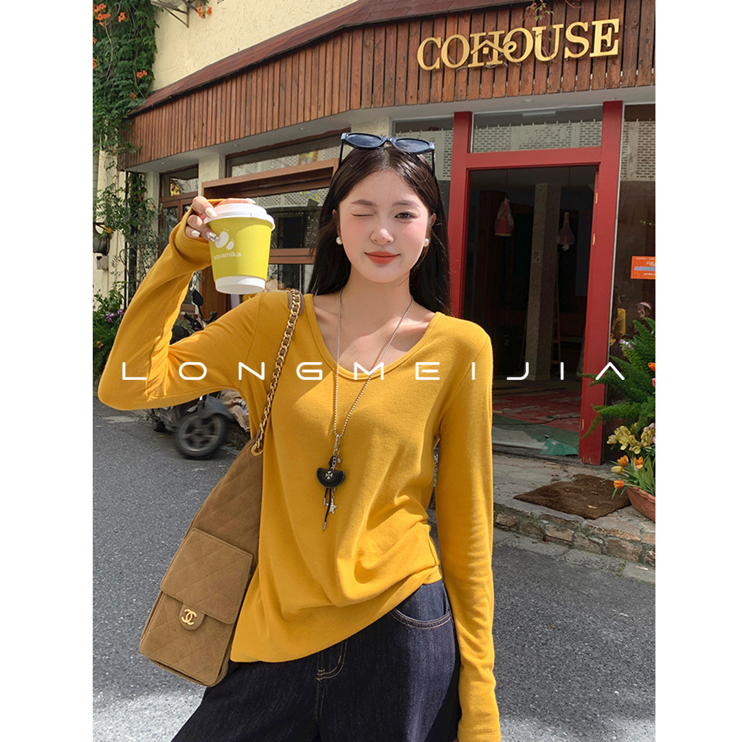 黄色V领正肩长袖T恤女2025新款早秋内搭打底衫宽松显瘦上衣