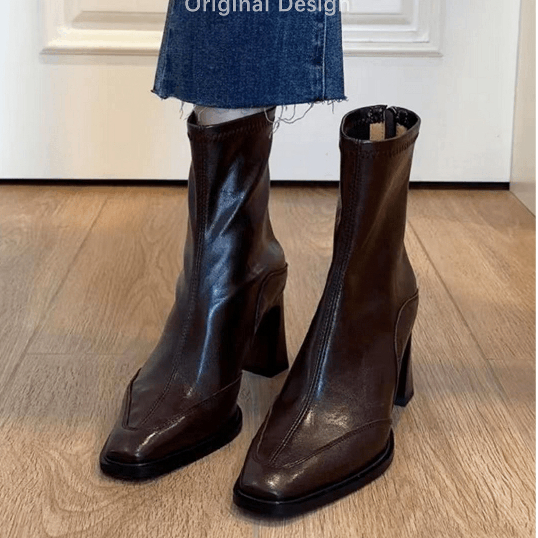 羊皮版！真皮高跟短靴弹力瘦瘦靴女后拉链洋气通勤百搭马丁靴靴女