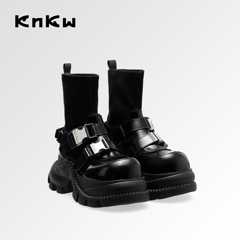 【流光机能】KNKW增高马丁靴2025秋冬黑色时尚老爹袜靴W4338HA013