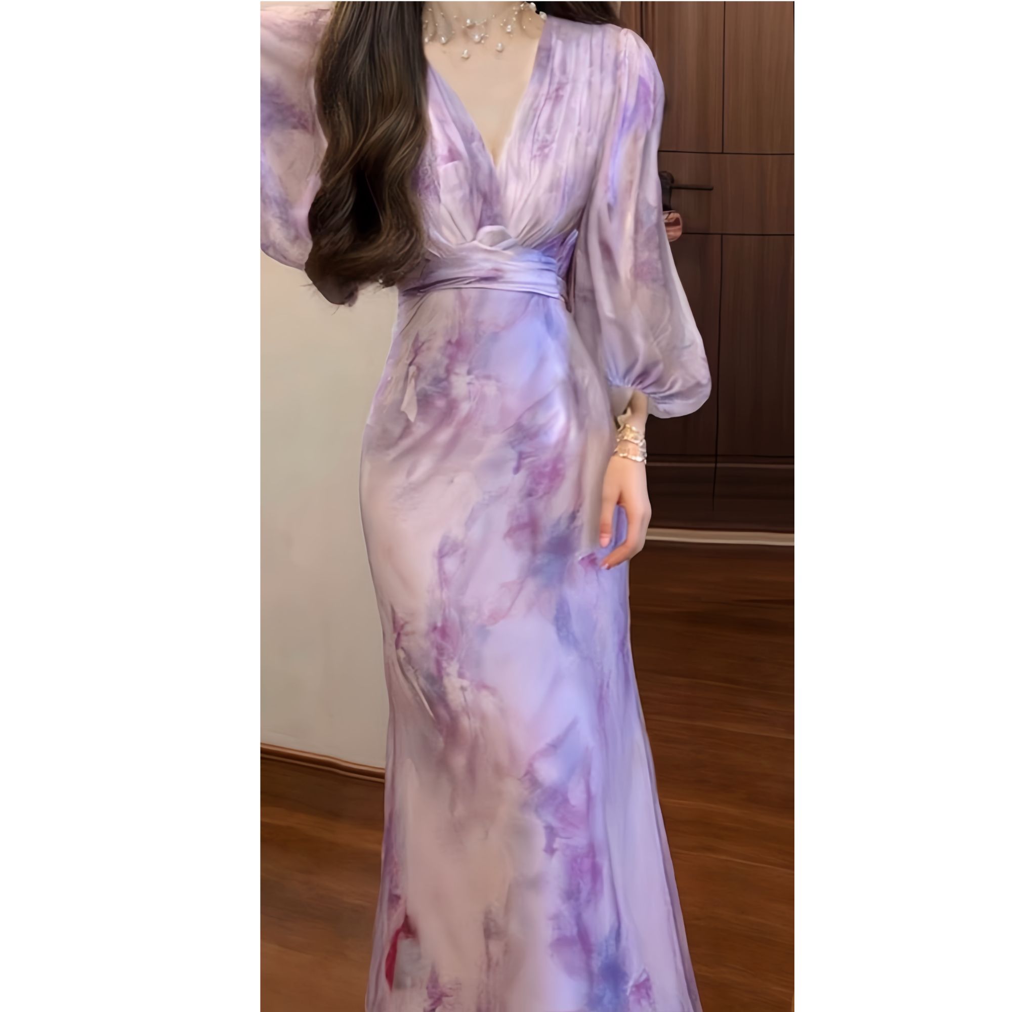 【紫衫木】法式温柔紫色浪漫晕染交叉领连衣裙宫廷袖气质长裙8891