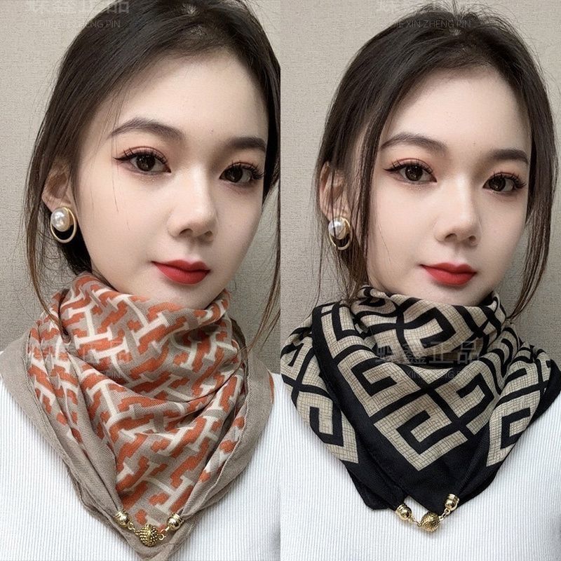 方巾围脖女时尚韩版新款磁吸扣丝绵三角围巾冬天保暖护颈洋气丝巾