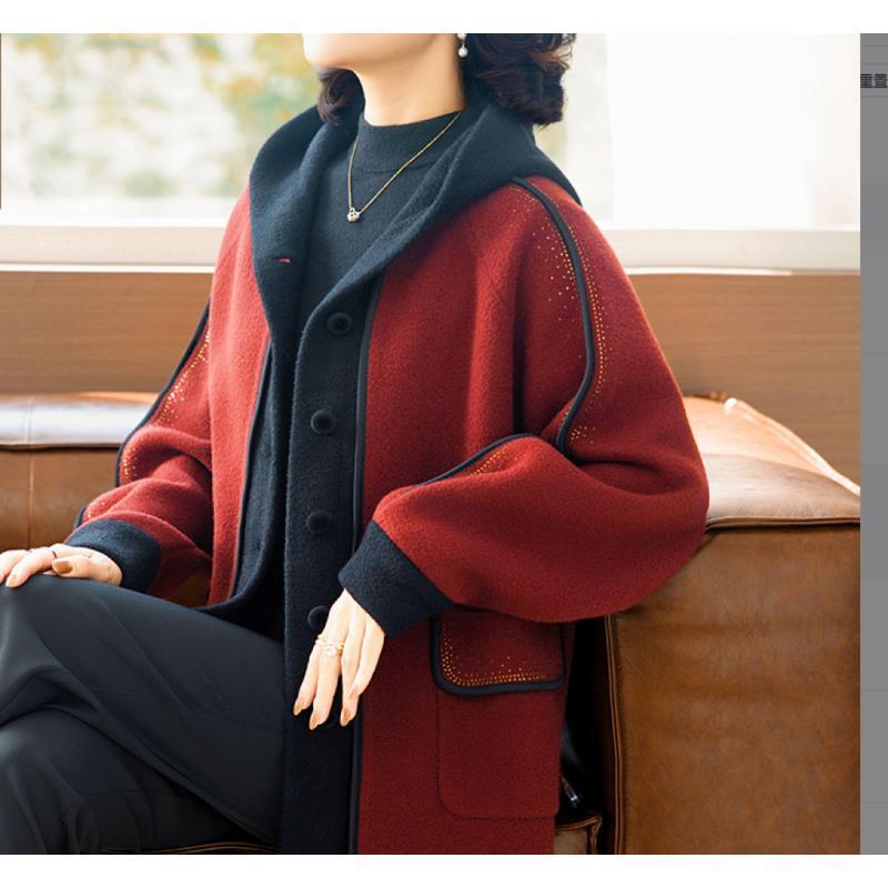 妈妈秋装针织外套洋气时尚2025新款50岁中老年女秋冬红色呢子大衣