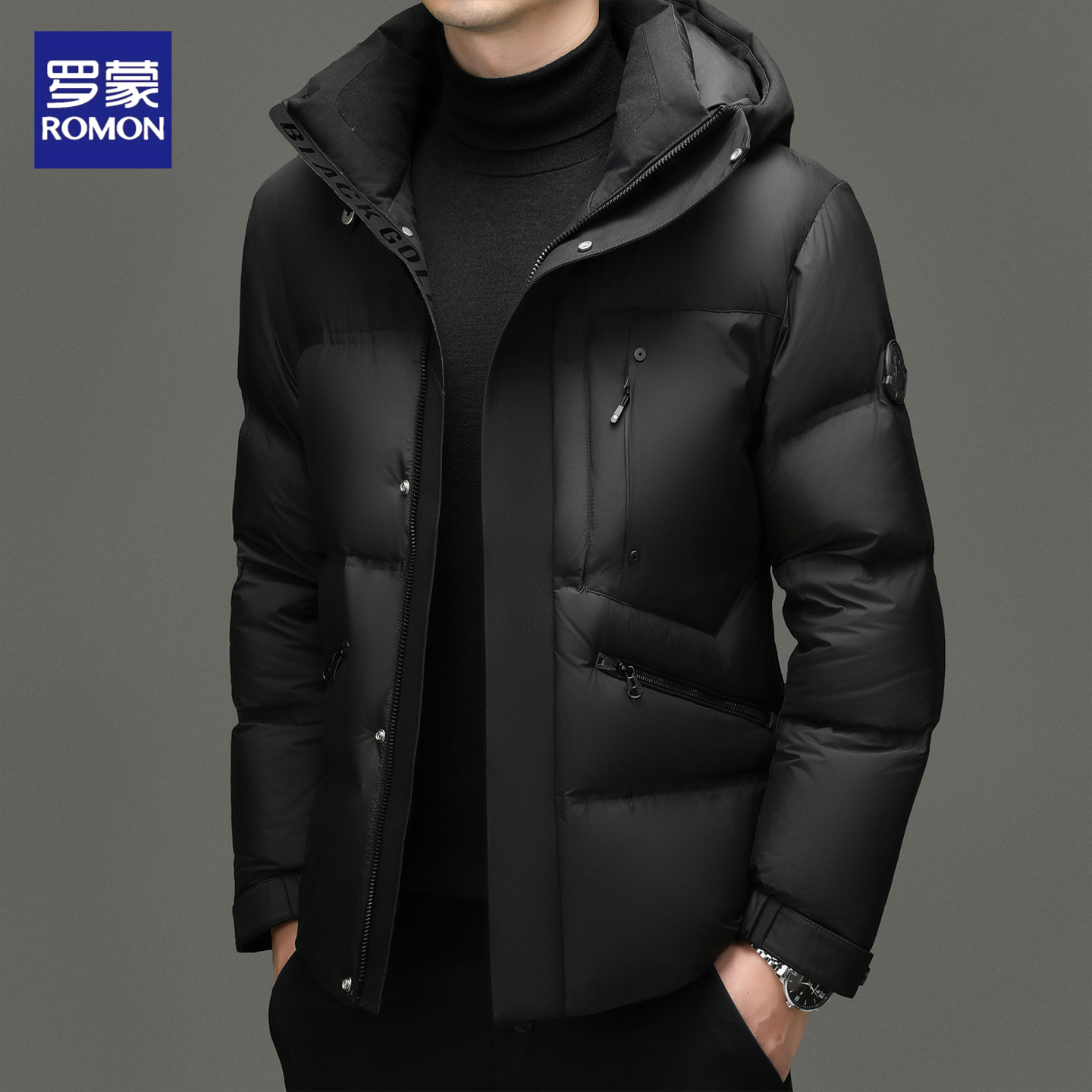 罗蒙男士90鸭绒面包羽绒服 撞色连帽加厚保暖短款休闲高端御寒外