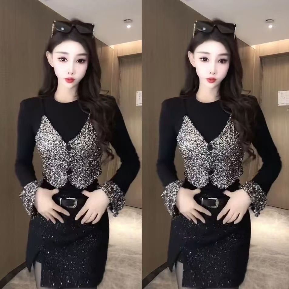 时尚套装小衫2025洋气秋冬新款拼接重工修身亮片女上衣短裙甜酷风