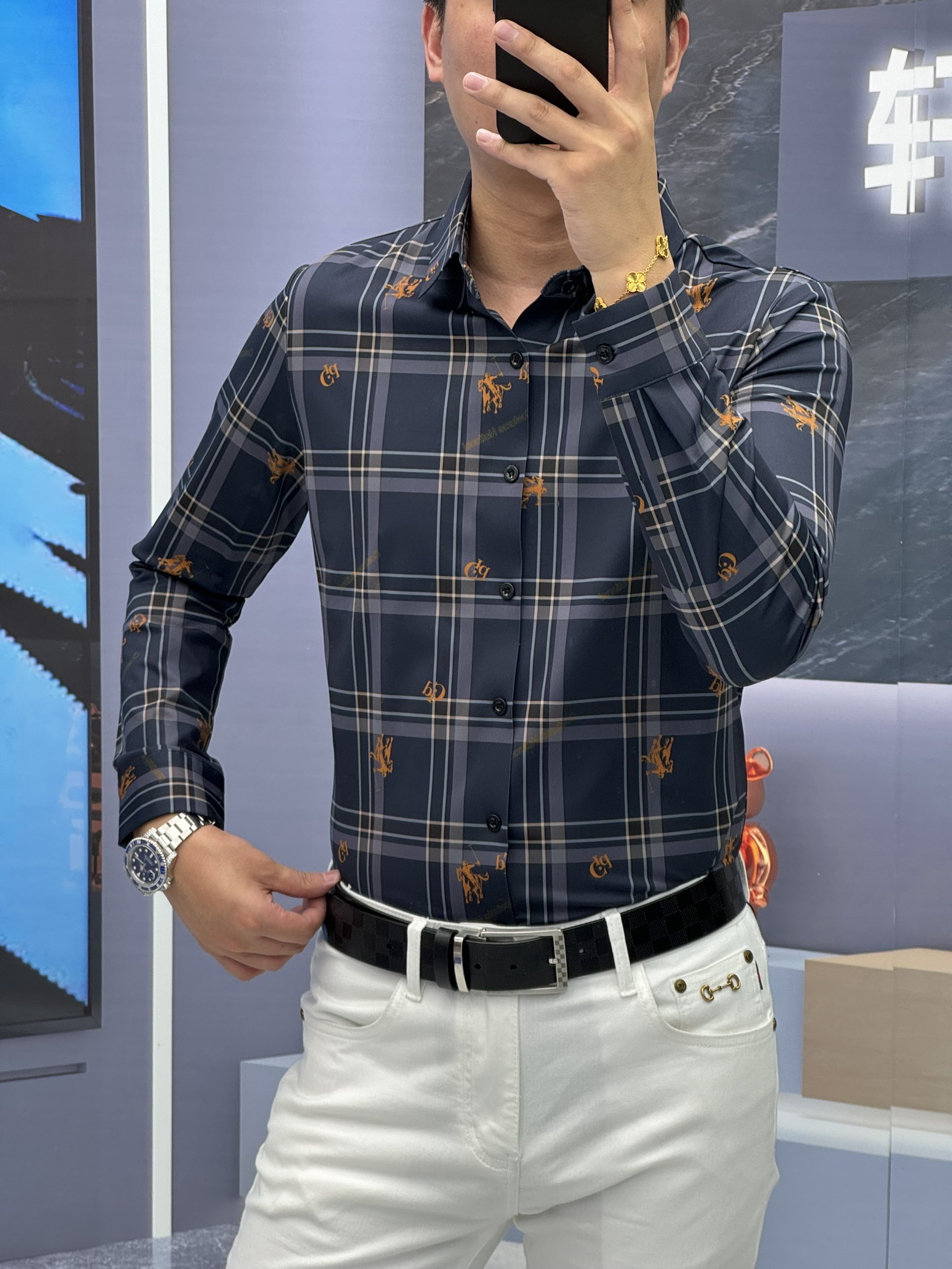 2025年秋季男士休闲潮流修身格子印花长袖衬衫