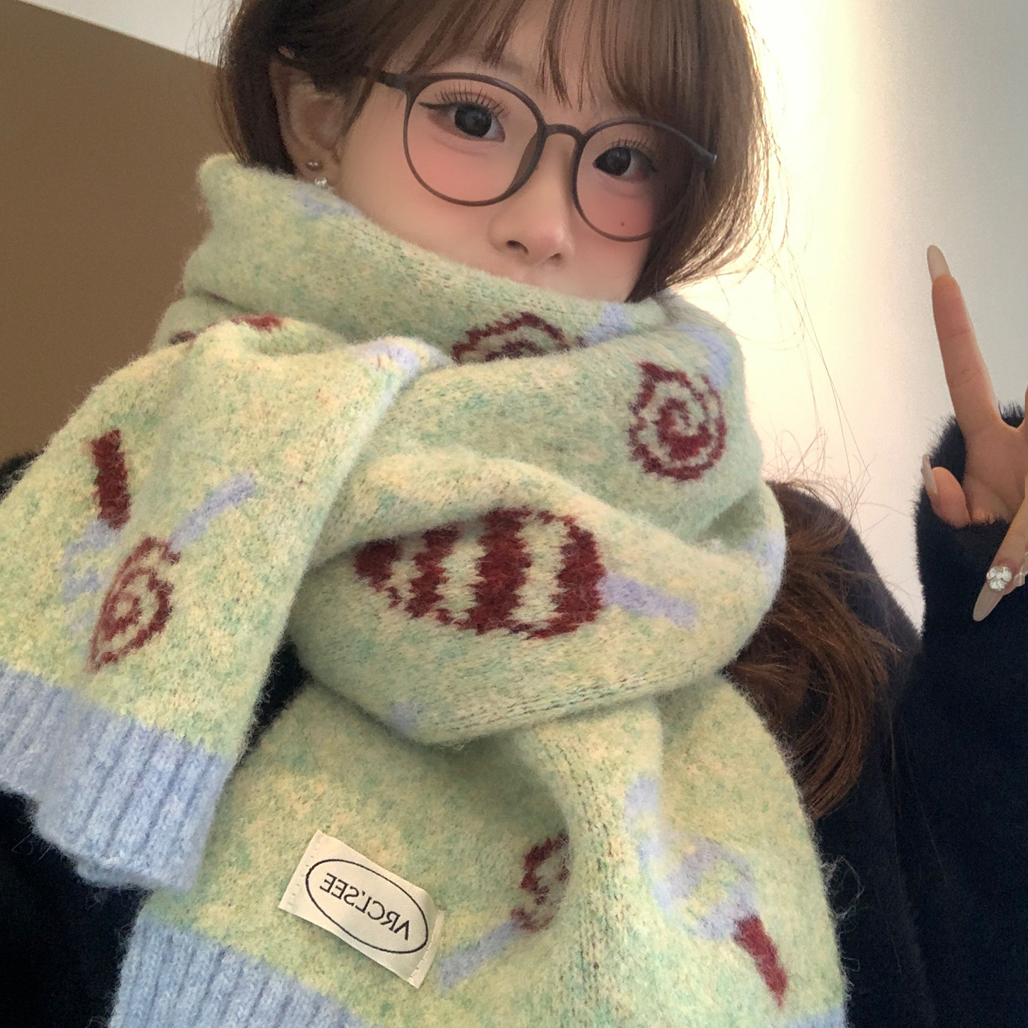 可爱绿色糖果提花针织围巾女2025新款冬季韩系氛围感加厚保暖围脖