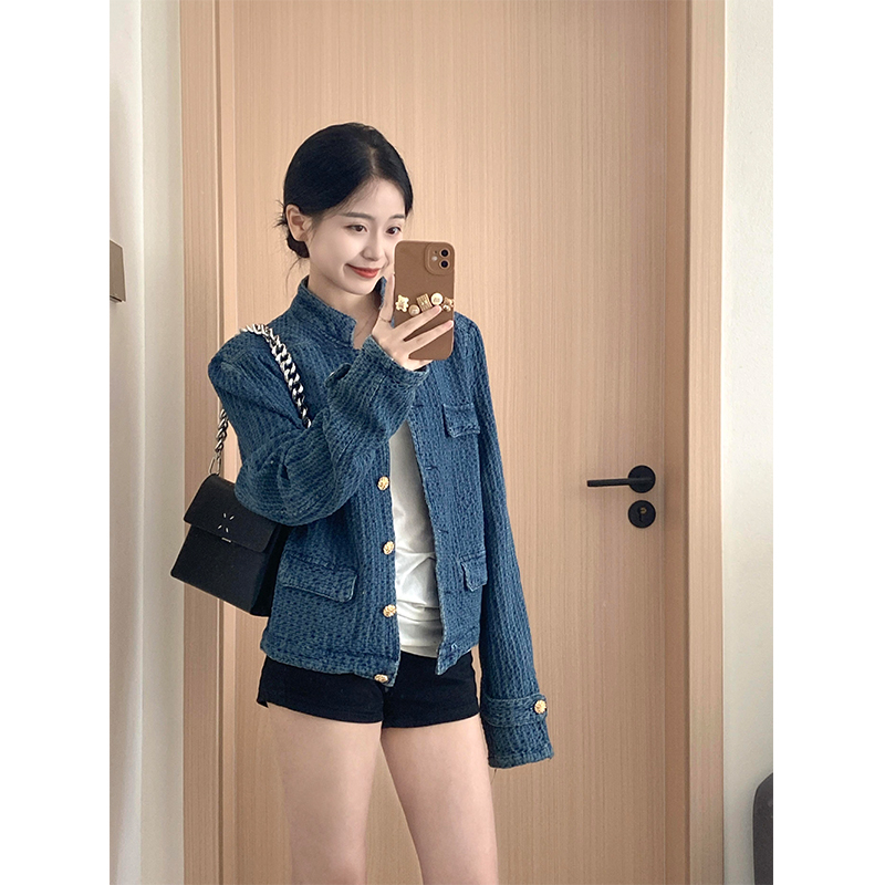 牛仔小香风外套女装秋季宽松小众肌理感立领蓝色夹克百搭气质上衣