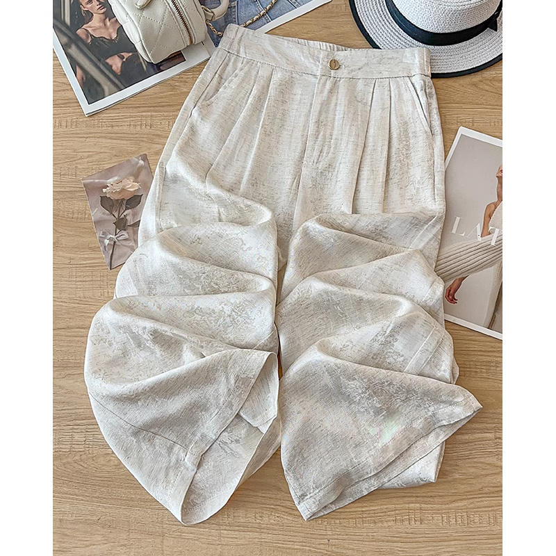 拉夏贝尔醋酸缎面直筒裤2025新款空气裤休闲防晒裤提花阔腿裤