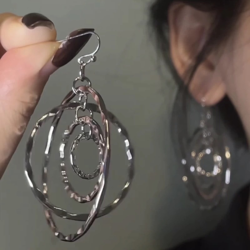 合金无非金属耳饰 甜酷辣妹风复古多层锤纹耳圈耳环女轻奢小众高