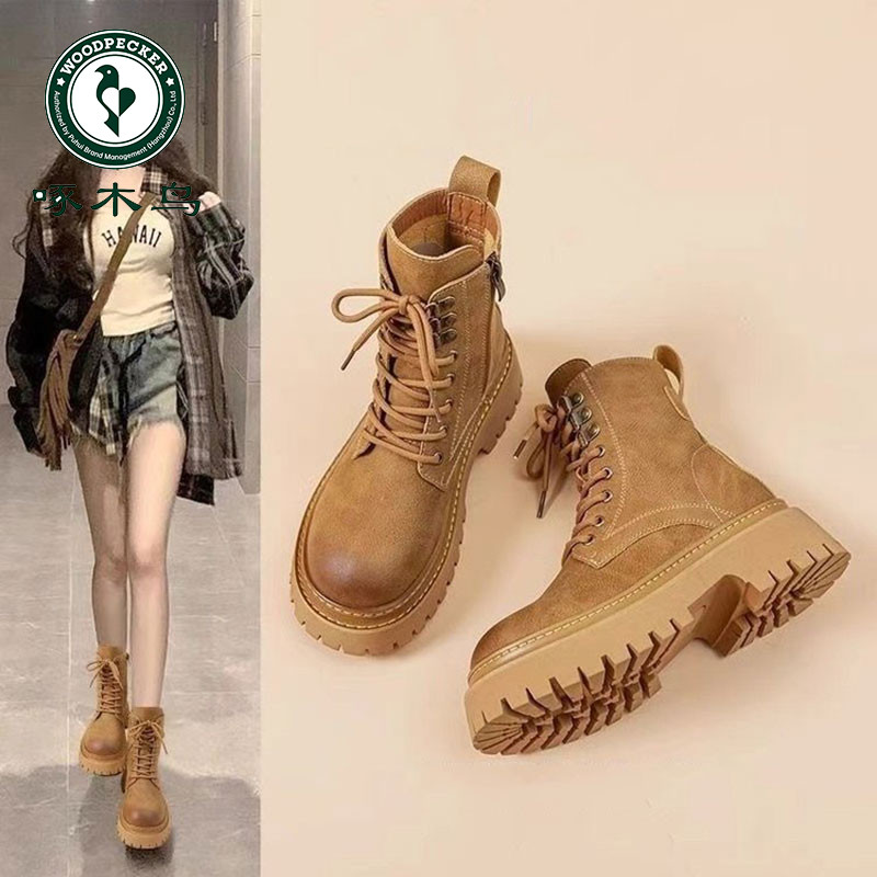 啄木鸟马丁靴女2025春秋新款英伦风爆款超火短靴子厚底增高机车靴
