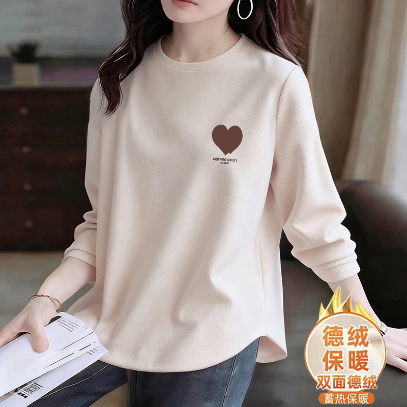 双面德绒长袖圆领T恤女秋冬新款加厚保暖宽松洋气减龄内搭打底衫T