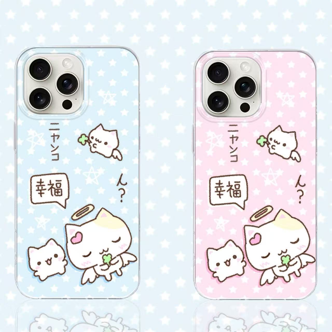 日系情侣幸福猫咪iPhone16大孔15ProMax适用17手机壳13苹果14硬a5