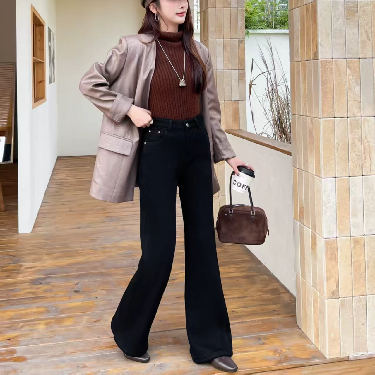 【韩紫朵】新品高腰加绒微喇牛仔裤女百搭显瘦9680