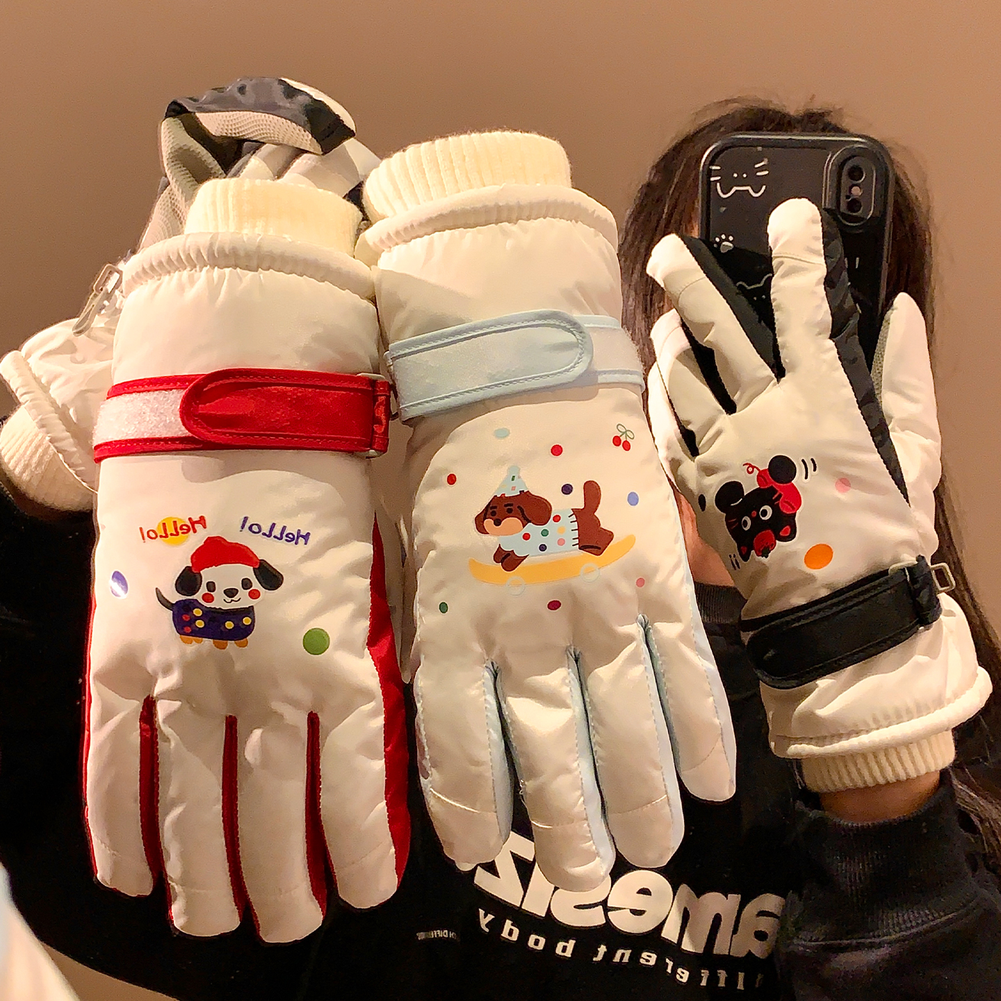 可爱小狗骑行骑电瓶车手套女冬季加绒加厚保暖防风防寒滑雪防泼水