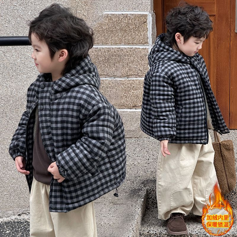 童装男童冬季棉服舒适加厚保暖外套韩系加绒格子宽松韩版潮童