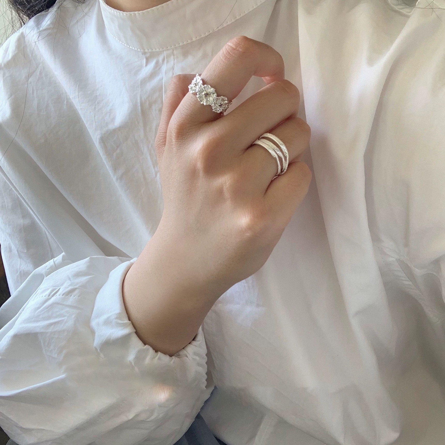 复古多层缠绕微镶开口戒指女高级感食指戒冷淡风指环个性肌理花朵