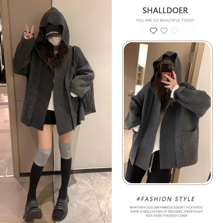 韩系慵懒风高级感气质长袖针织衫女2026冬季宽松显瘦纯色外套上衣