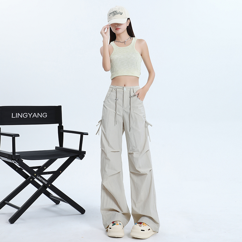 夏季薄款抽绳速干高腰显瘦工装裤女垂感阔腿百搭休闲宽松美式裤子