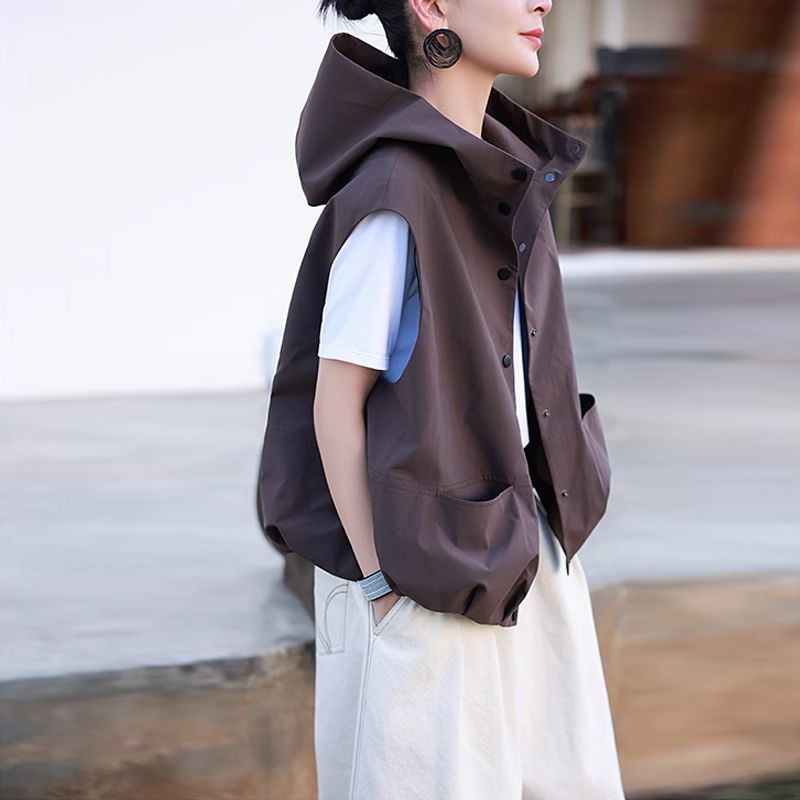 韩版宽松显瘦百搭休闲连帽叠马甲上衣外套女春秋新款无袖个性马夹