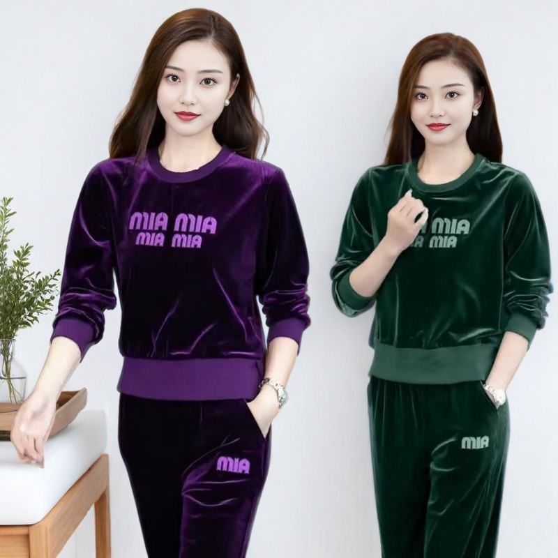金丝绒春秋季新款妈妈休闲运动套装女大码显瘦阔腿两件套运动服女