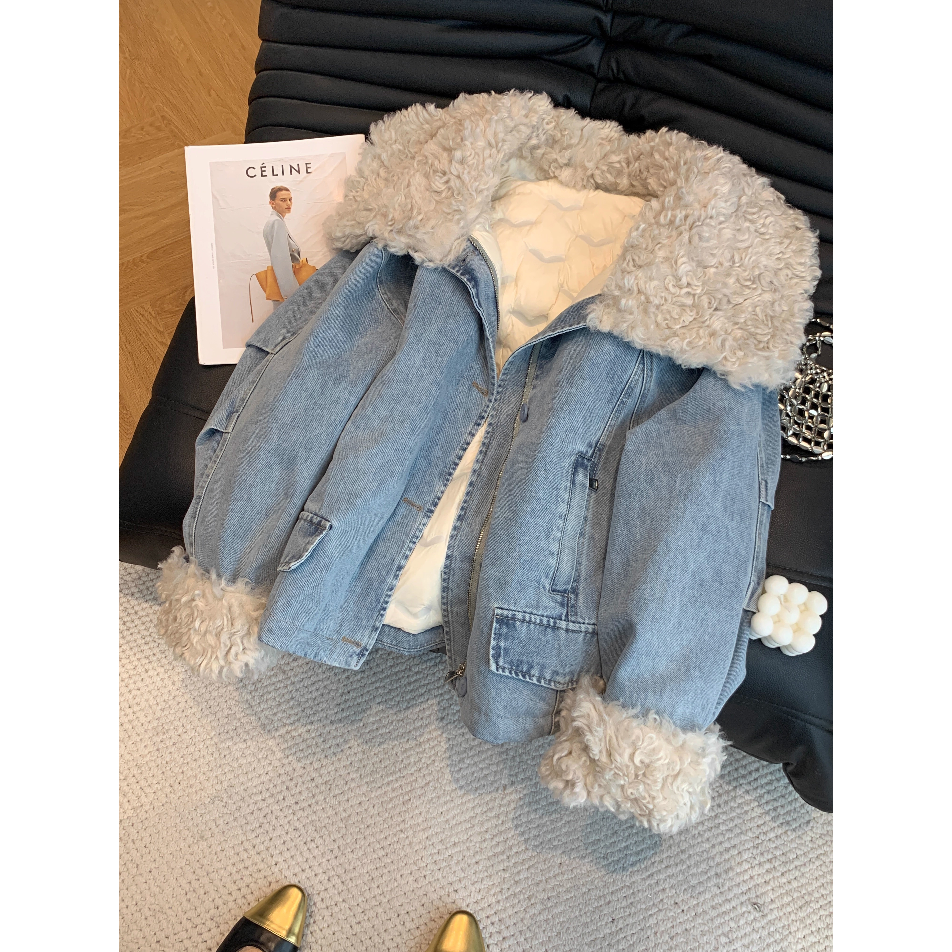 冬季2025新款大码高端设计感牛仔翻领女外套加厚百搭保暖设计外套