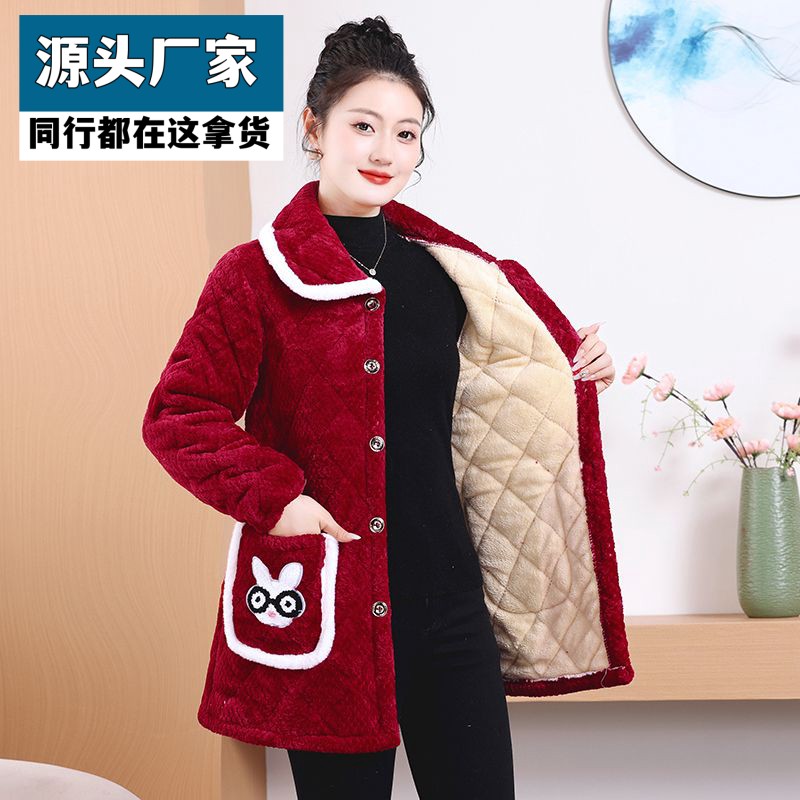 梵乐芬加绒加厚罩衣女外套时尚冬季新款妈妈保暖棉服宽松居家服棉