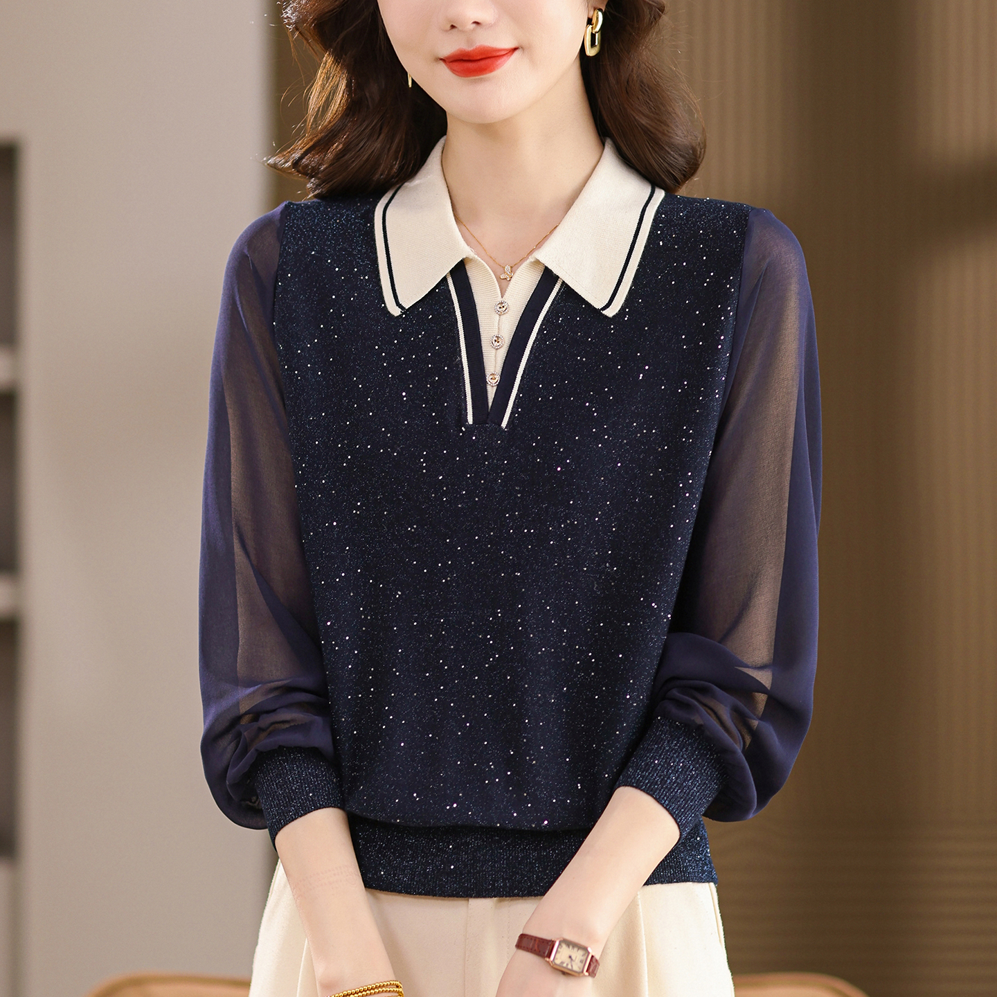 纱袖上衣高级感打底衫秋季薄款洋气翻领上衣2025新款好看亮片毛衣