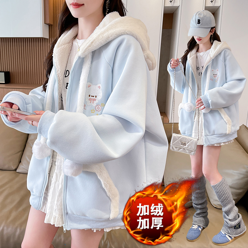 加绒加厚卫衣外套女冬季新款少女孩初中高中学生宽松保暖棉衣棉服