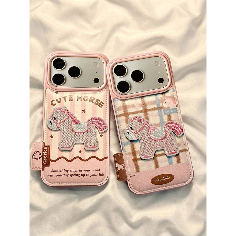 粉棕拼接刺绣小马适用于iphone17Promax手机壳16pro卡通15防摔14
