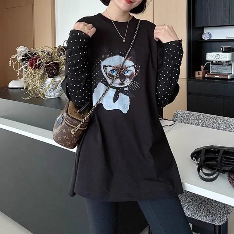双11波点拼接假两件宽松上衣2025秋季韩版卡通猫咪印花长袖T恤女