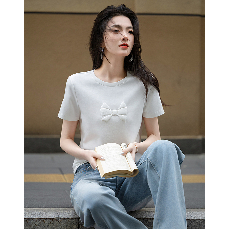 【重百专属】德·玛纳空气层夏季蝴蝶结发泡印花打底衫藏肉女式t恤