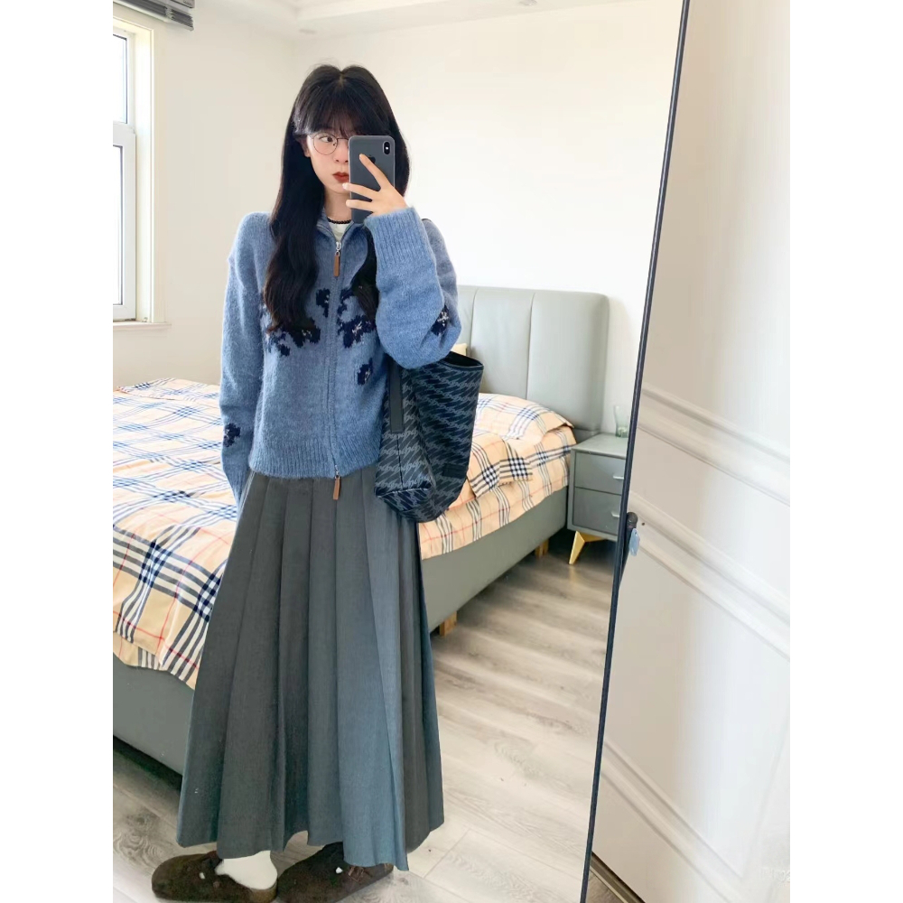 韩系一整套减龄套装针织开衫毛衣外套女秋季西装百褶半身裙两件套