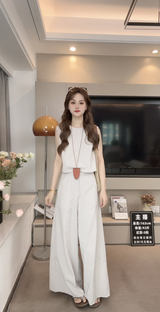 众和梦韩系夏季新款两件套短款上衣高腰阔腿裤时尚显瘦气质小众