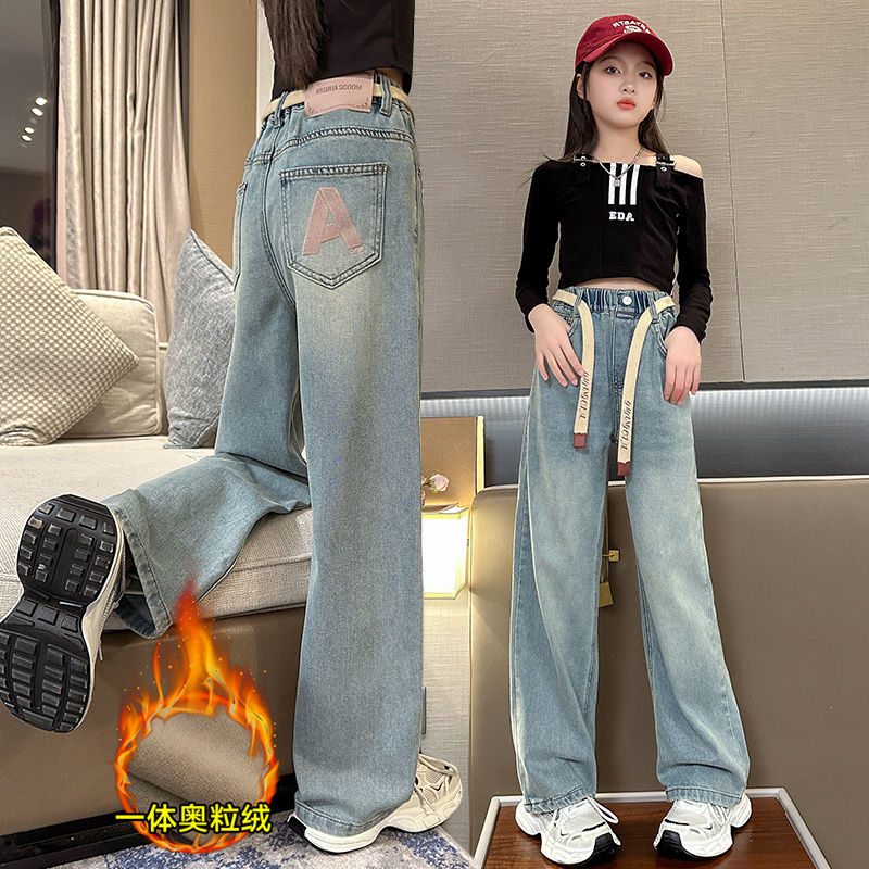 女童牛仔裤秋冬款加绒阔腿裤大童冬季洋气裤子儿童加厚宽松直筒裤