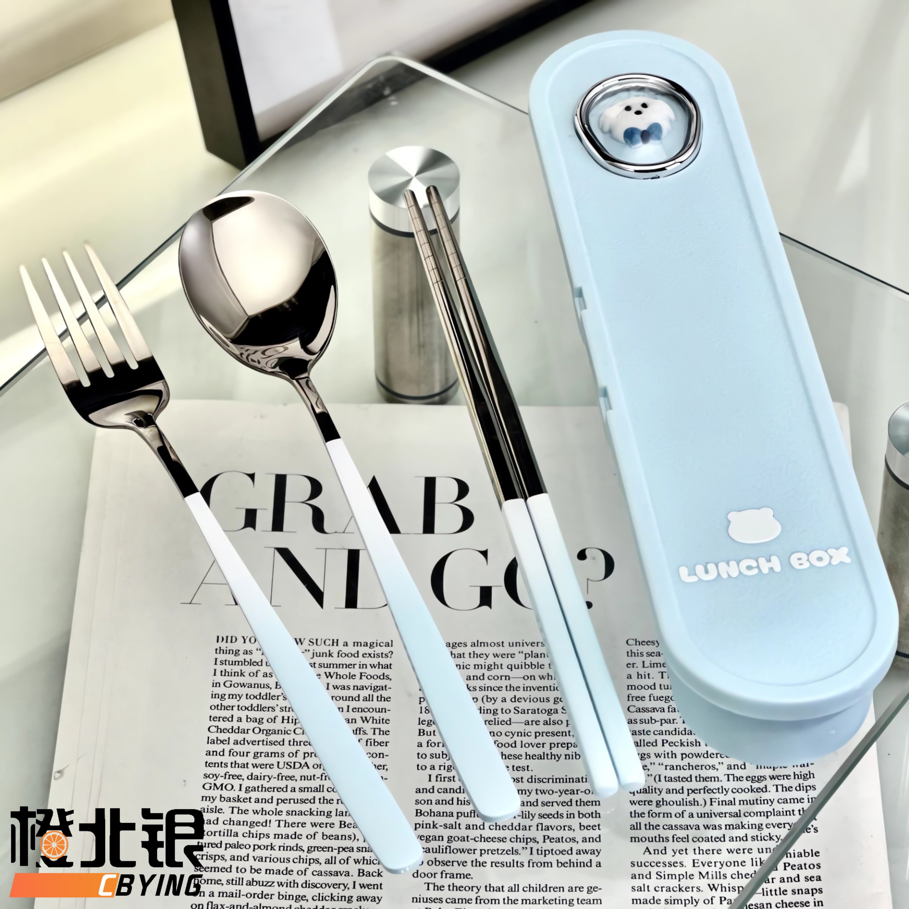 橙北银不锈钢收纳餐具勺子筷子叉子粉蓝餐具学生上班环保便携餐具