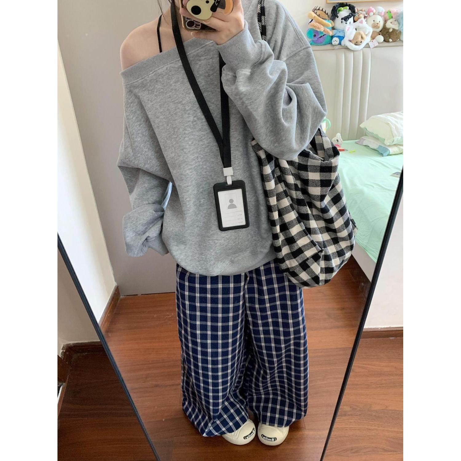 美式潮牌斜肩流光风卫衣女春秋季新款宽松休闲vintage露肩上衣服